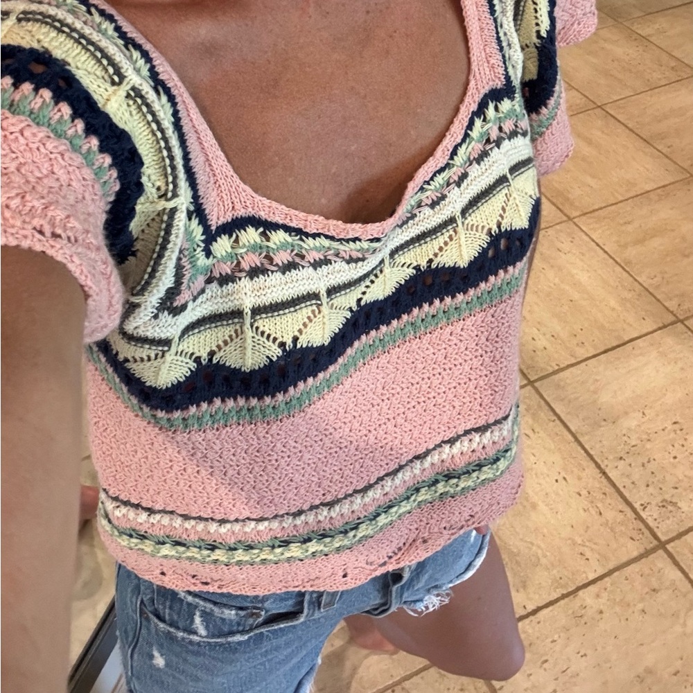 Pink and Navy Off-the-Shoulder Sweater